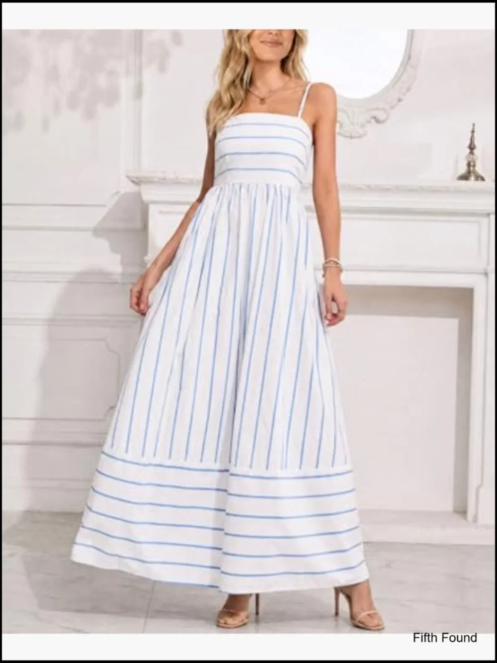 Women's Striped Back Smocked Maxi Dress Spaghetti Strap Cut Out Swing Long - Picture 2 of 6